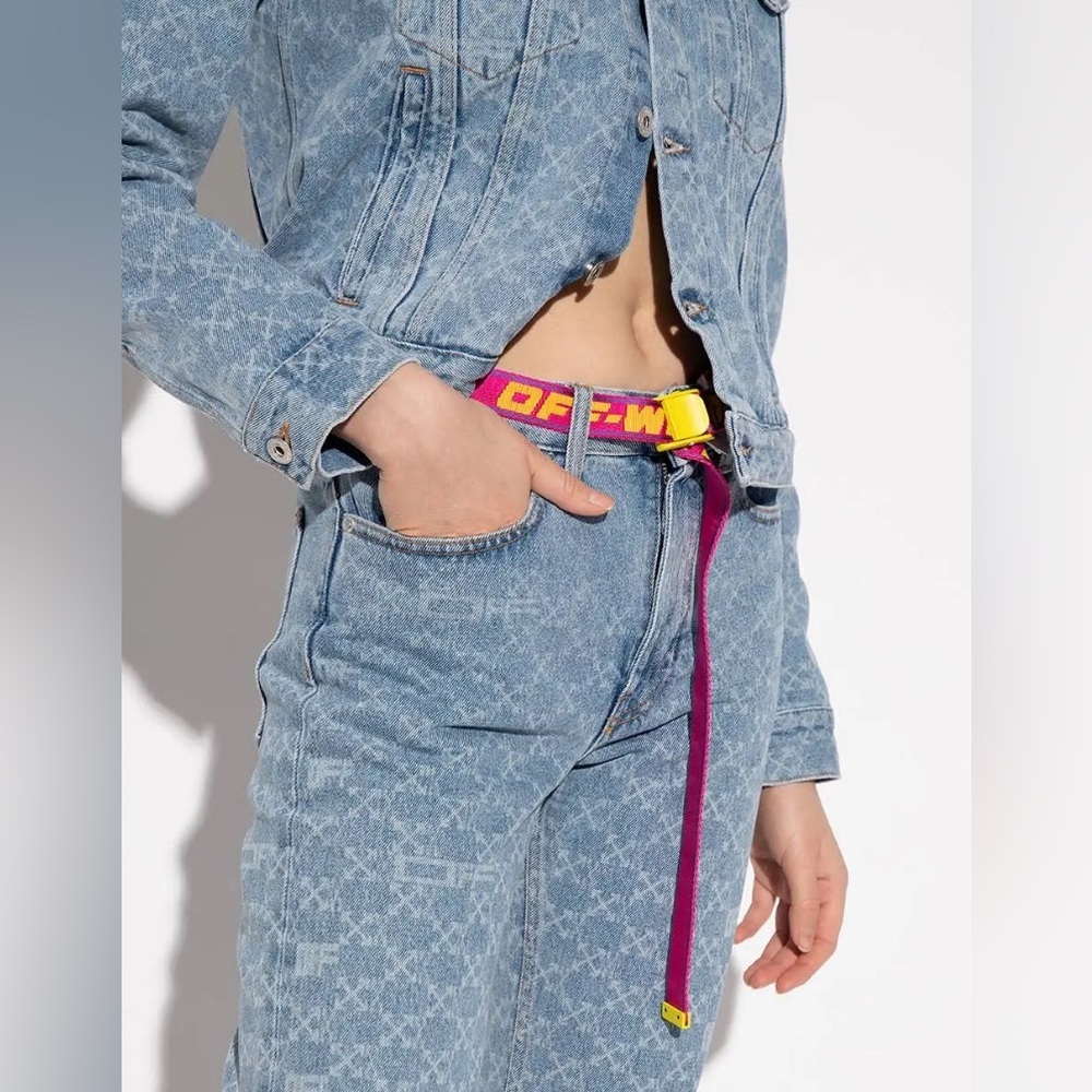 NWT OFF WHITE 2.5 Industrial Jacquard Mini Fuchsia Pink Yellow Adjustable Belt